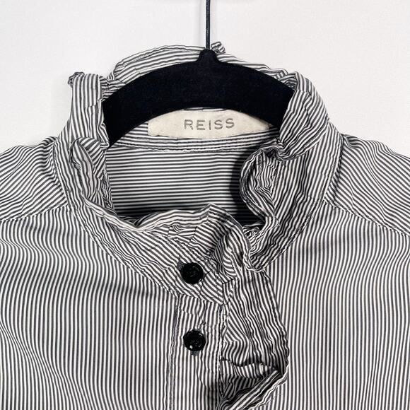 Reiss US 2 Black White Pinstripe Ruffle Mock Neck Long Sleeve Blouse Top Cotton - Picture 6 of 11